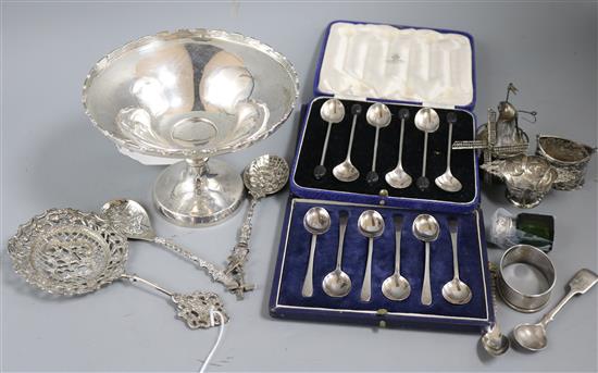 A silver presentation footed bowl and sundry small silver, white metal and plated items,